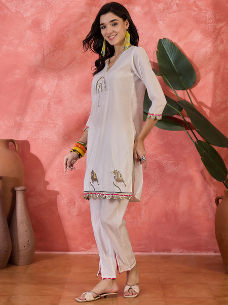 Floral Embroidered V-Neck Tunic With Pant Co-Ords Set