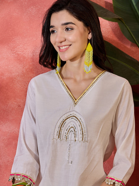 Floral Embroidered V-Neck Tunic With Pant Co-Ords Set