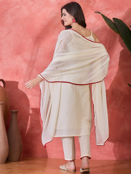 Embroidered Shoulder Straps Straight Kurta With Trousers & Dupatta