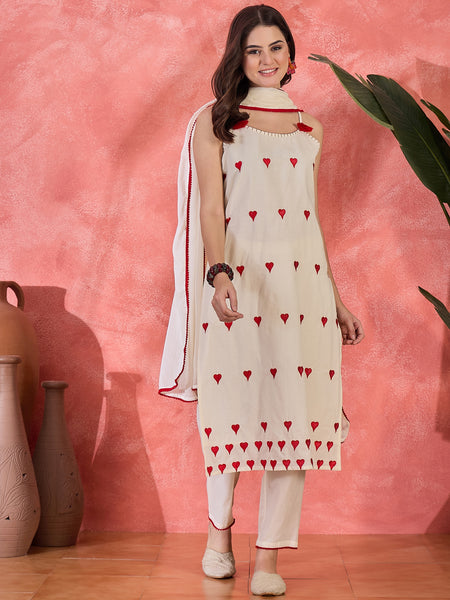 Embroidered Shoulder Straps Straight Kurta With Trousers & Dupatta