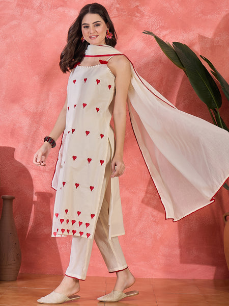 Embroidered Shoulder Straps Straight Kurta With Trousers & Dupatta