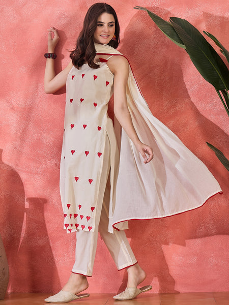 Embroidered Shoulder Straps Straight Kurta With Trousers & Dupatta