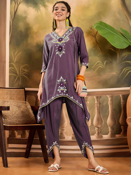 Purple Floral Embroidered V-Neck Tunic With Dhoti Pant Co-Ords Set