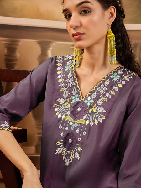 Purple Floral Embroidered V-Neck Tunic With Dhoti Pant Co-Ords Set