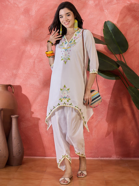 Floral Embroidered V-Neck Tunic With Dhoti Pant Co-Ords Set
