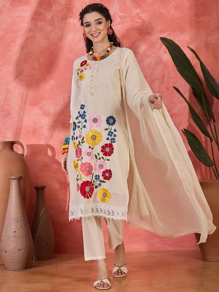 Floral Embroidered Pure Cotton Straight Kurta With Trouser & Dupatta