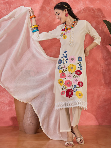 Floral Embroidered Pure Cotton Straight Kurta With Trouser & Dupatta