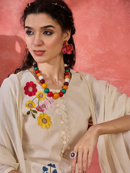 Floral Embroidered Pure Cotton Straight Kurta With Trouser & Dupatta