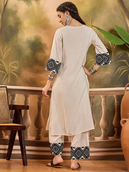 White Embroidered  Kaftan With Pant Kurta Set