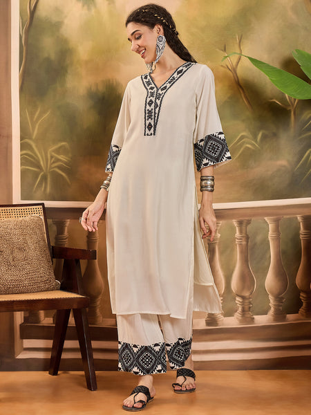 White Embroidered  Kaftan With Pant Kurta Set