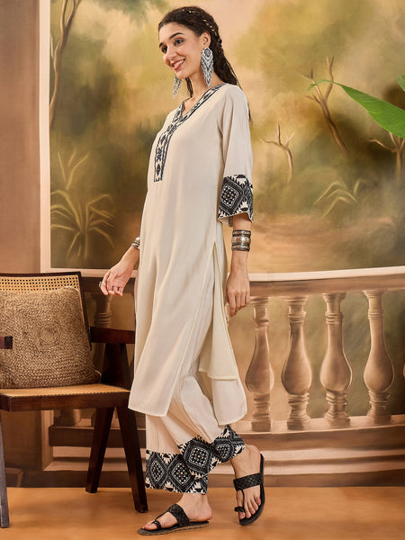 White Embroidered  Kaftan With Pant Kurta Set