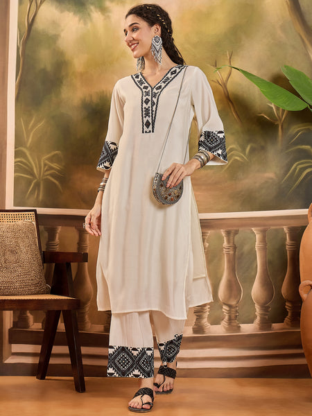 White Embroidered  Kaftan With Pant Kurta Set