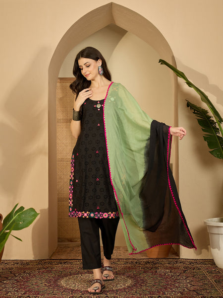 Pure Cotton Sholder Strap Straight Kurta With Pant & Dupatta Kurta Set