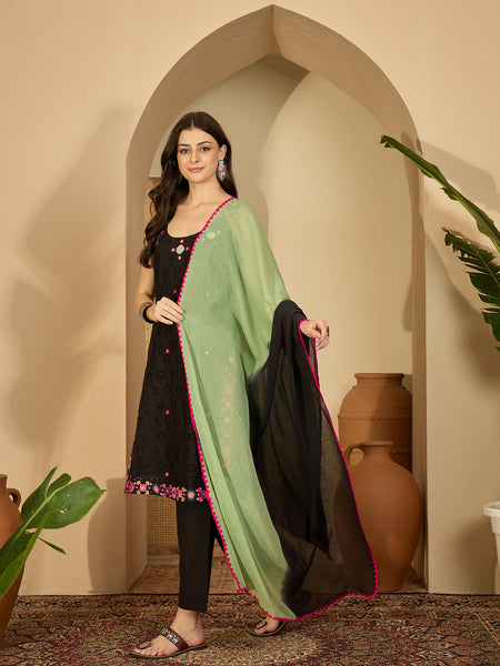 Pure Cotton Sholder Strap Straight Kurta With Pant & Dupatta Kurta Set