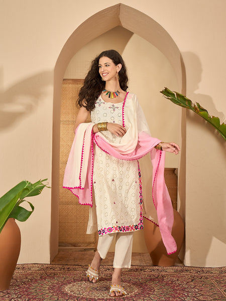 Pure Cotton Sholder Strap Straight Kurta With Pant & Dupatta Kurta Set