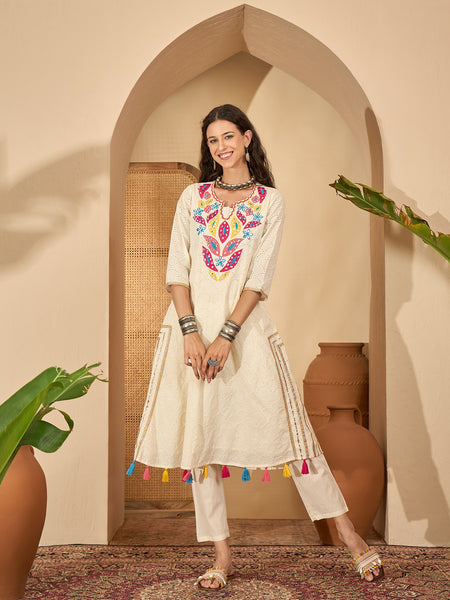 Off White Pure Cotton Embroidered Kurta with Trouser & Dupatta Kurta Set