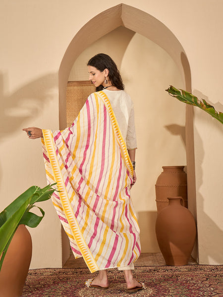 Off White Pure Cotton Embroidered Kurta with Trouser & Dupatta Kurta Set