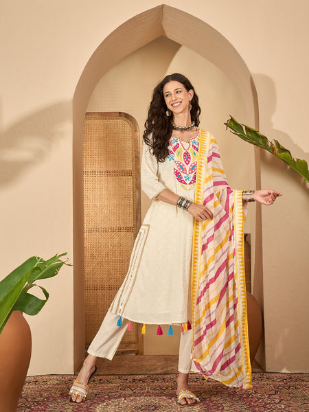 Off White Pure Cotton Embroidered Kurta with Trouser & Dupatta Kurta Set