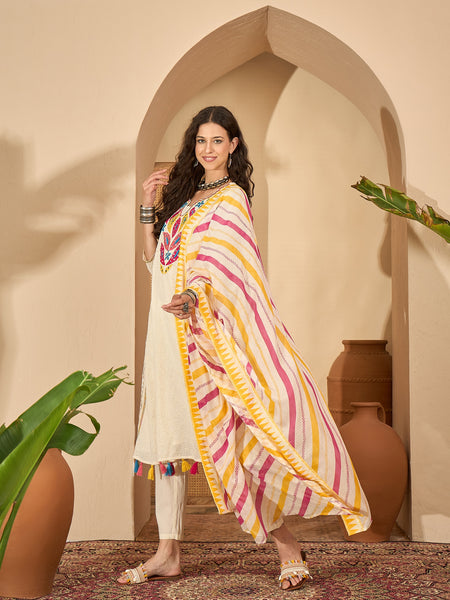 Off White Pure Cotton Embroidered Kurta with Trouser & Dupatta Kurta Set