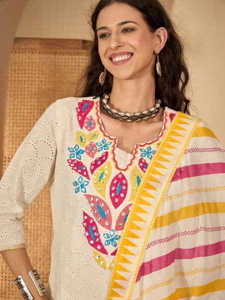 Off White Pure Cotton Embroidered Kurta with Trouser & Dupatta Kurta Set