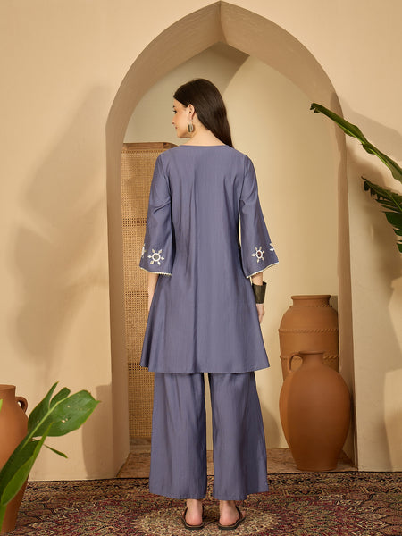 Embroidered & Sequinned A-Line Kurta With Palazzos & Bag (Kurta Set)