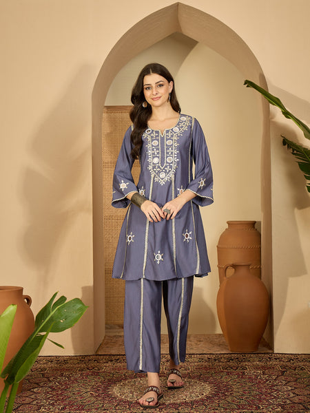 Embroidered & Sequinned A-Line Kurta With Palazzos & Bag (Kurta Set)