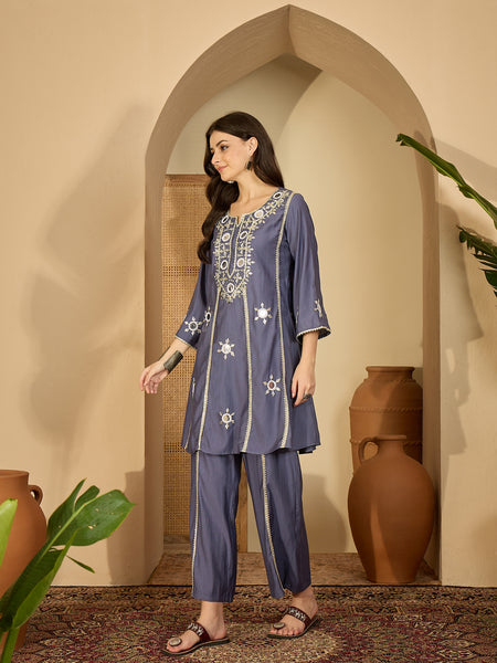 Embroidered & Sequinned A-Line Kurta With Palazzos & Bag (Kurta Set)