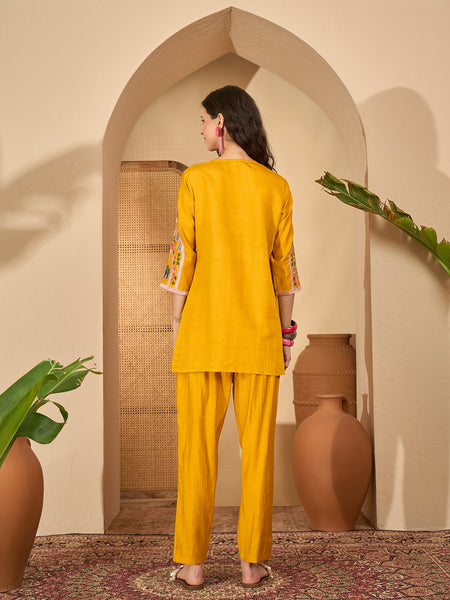 Floral Embroidered V-Neck Tunic With Pant Co-Ords Set