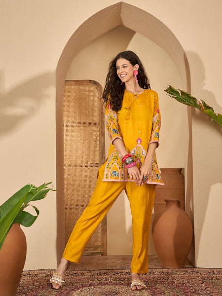 Floral Embroidered V-Neck Tunic With Pant Co-Ords Set