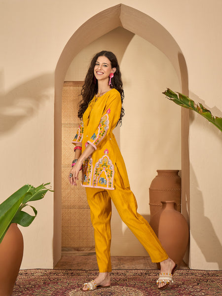 Floral Embroidered V-Neck Tunic With Pant Co-Ords Set