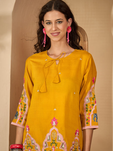 Floral Embroidered V-Neck Tunic With Pant Co-Ords Set