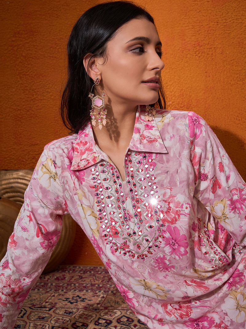 Floral Printed & Mirror Work Pathani Kurta with Trousers Kurta Set