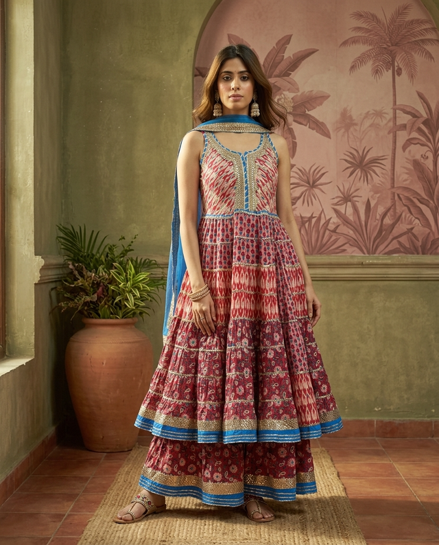 Pure Cotton Floral Printed Anarkali Kurta with Sharara & Dupatta Kurta Set