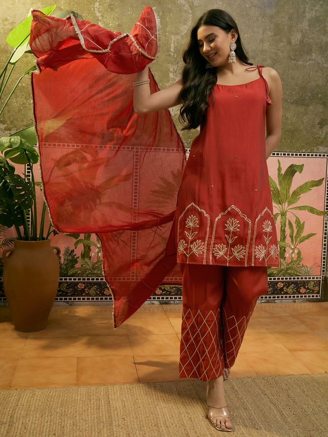 Rust Gota Work Shoulder Straps Straight Kurta With Trouser Kurta Set