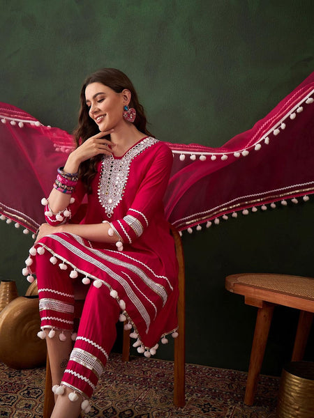 Pink Floral Embroidered Mirror Work A-Line Kurta With Trousers & Dupatta