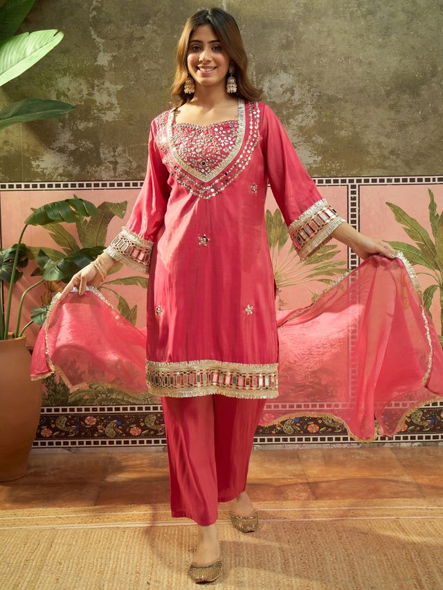 Pink Ethnic Motif Embroidered Kurta With Top & Trouser & Dupatta