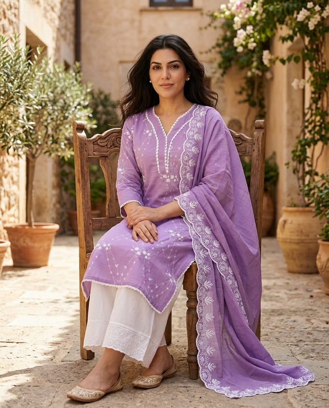 Purple Embroidered Pure Cotton Straight Kurta With Trouser & Dupatta
