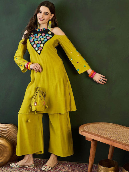 Embroidered Kurta & Palazzo With Bag Kurta Set