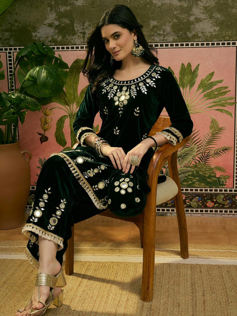 Green Embroidered Velvet Tunic & Trousers Co-Ords