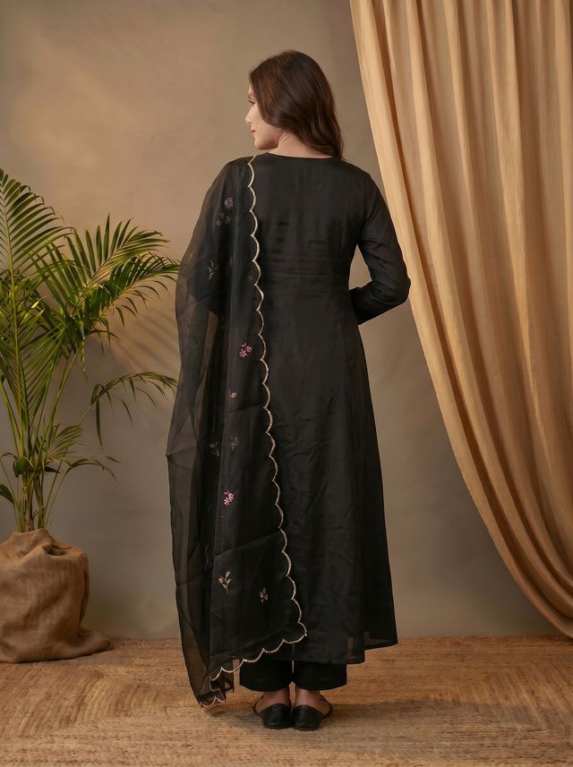 Black Floral Embroidered Mirror Work A-Line Kurta With Trousers & Dupatta