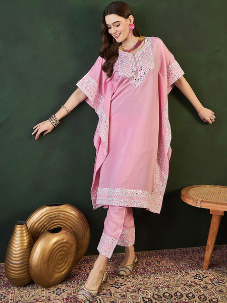 Pink Geometric Embroidered Mirror Work Roman Silk Kurta With Trouser
