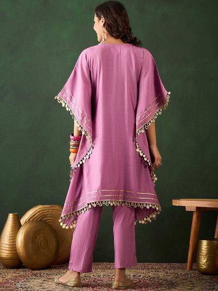 Yoke Design V-Neck Mirror Work Kaftan Kurta With Trousers