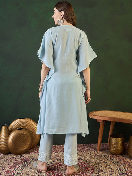 Turquoise Blue Geometric Embroidered Mirror Work Roman Silk Kurta With Trouser