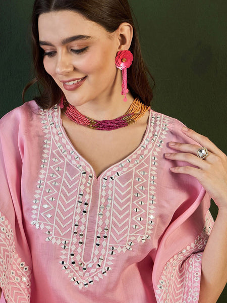 Pink Geometric Embroidered Mirror Work Roman Silk Kurta With Trouser