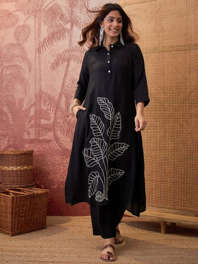 Black Floral Embroidered A-Line Kurta With Trouser Kurta Set