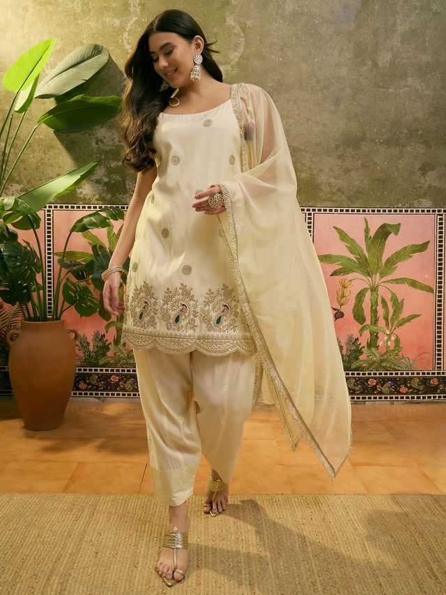 Off White Embroidered & Sequin Work Shoulder Straps Kurta With Trouser & Dupatta Kurta Set