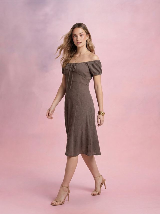 Brown Off-Shoulder A-Line Midi Dress