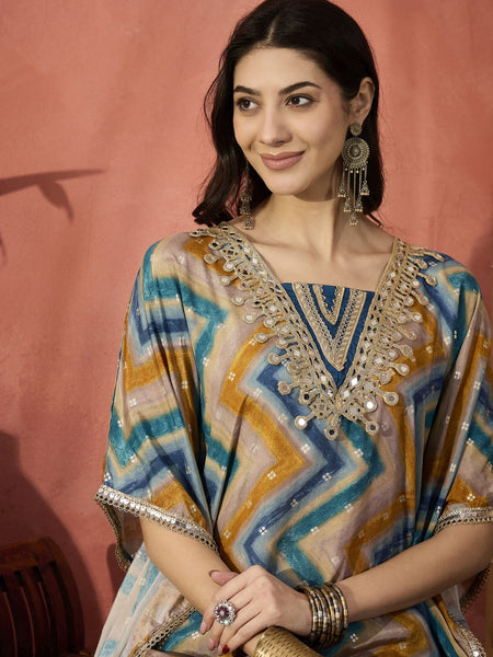 Blue Geometric Printed Yoke Design Mirror Work Kaftan Kurta With Dhoti Pants