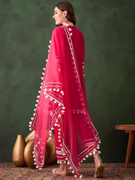 Pink Floral Embroidered Mirror Work A-Line Kurta With Trousers & Dupatta