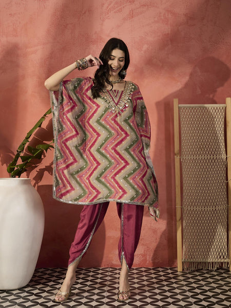 Chevron Printed Mirror Work V-Neck Kaftan Kurta Set